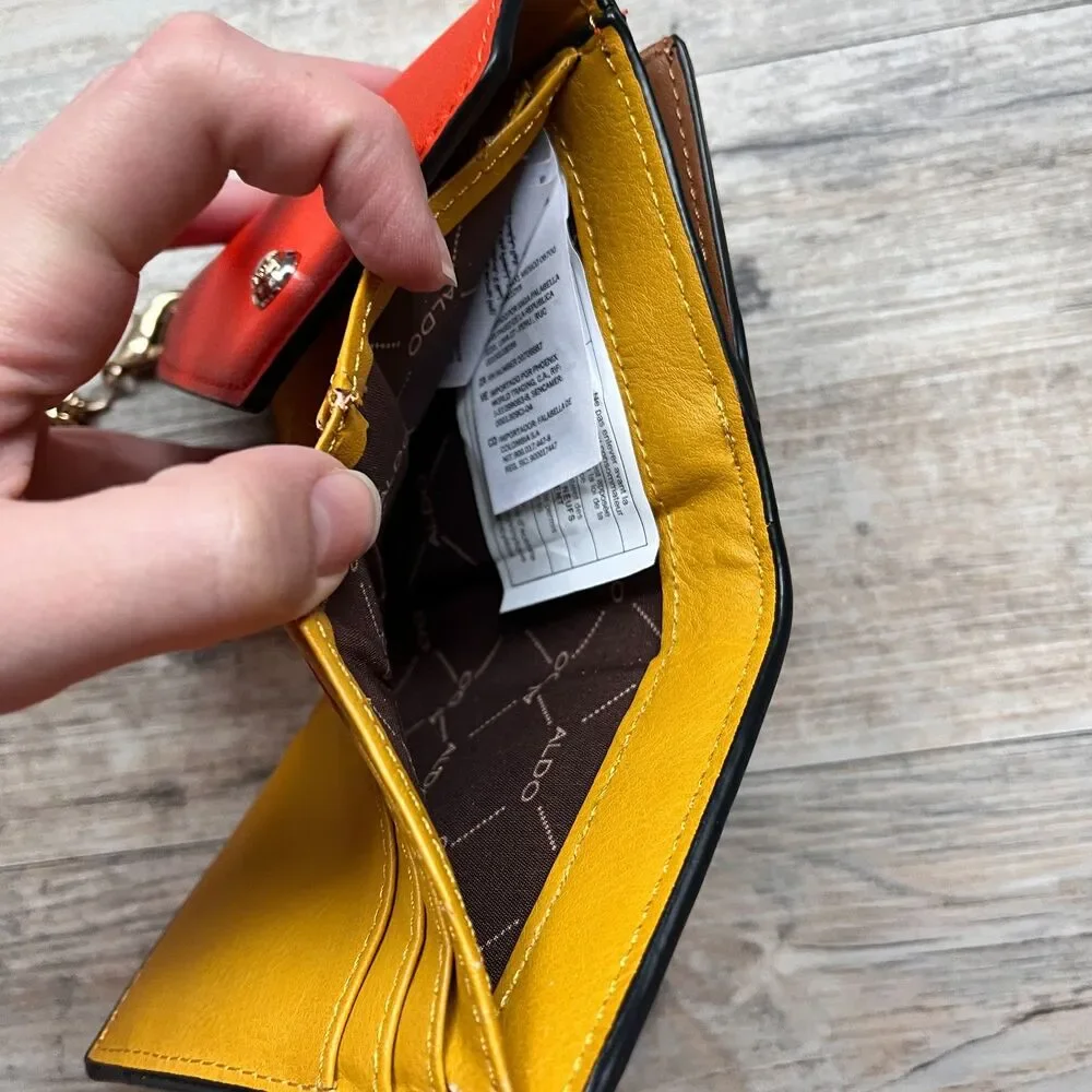ALDO Leather Wallet Orange Brown Colorblock Chain Accent Compact Chic Fold